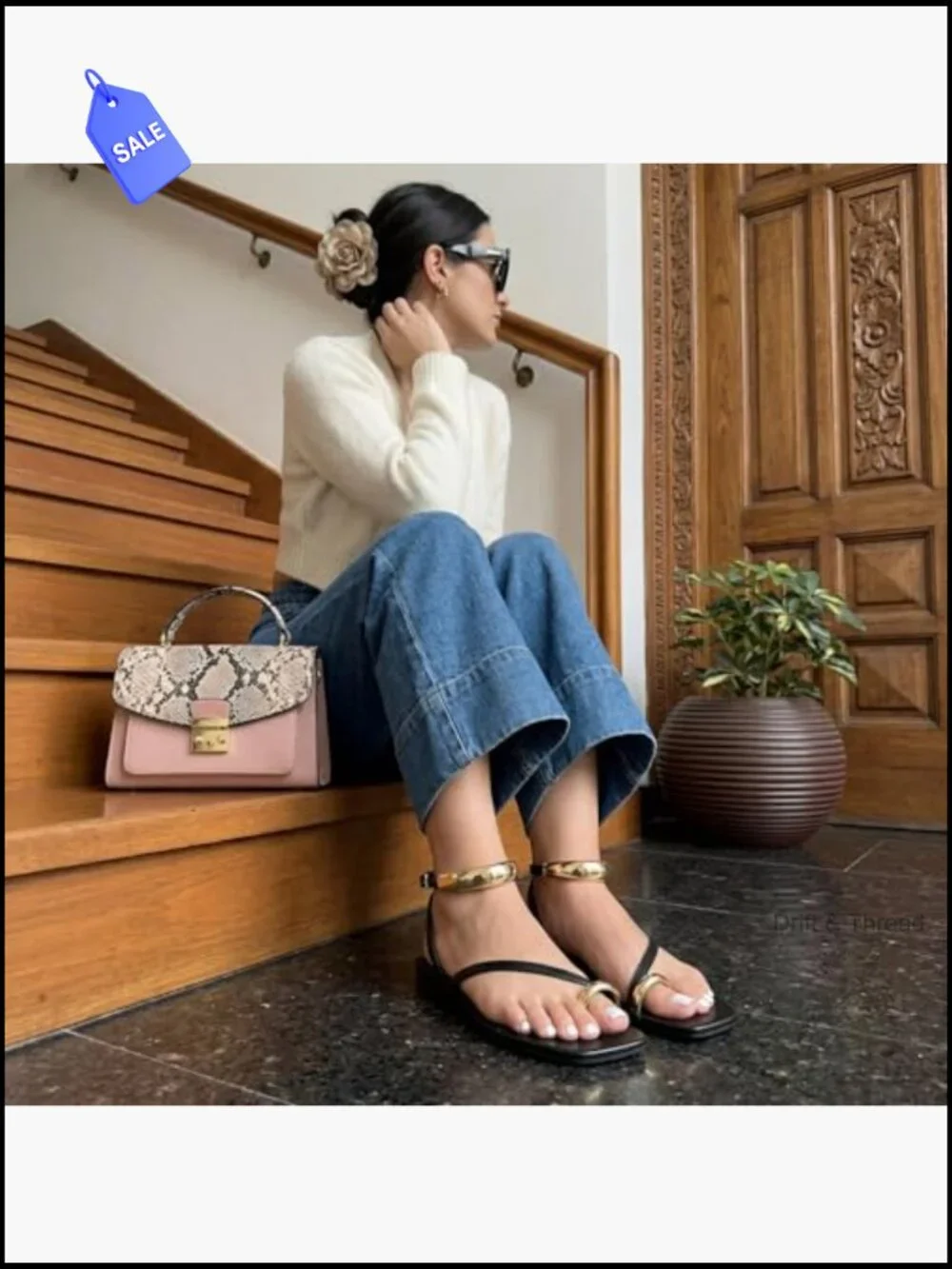 Flat Sandals with Gold Ankle Cuff Toe Ring Vegan Leather
